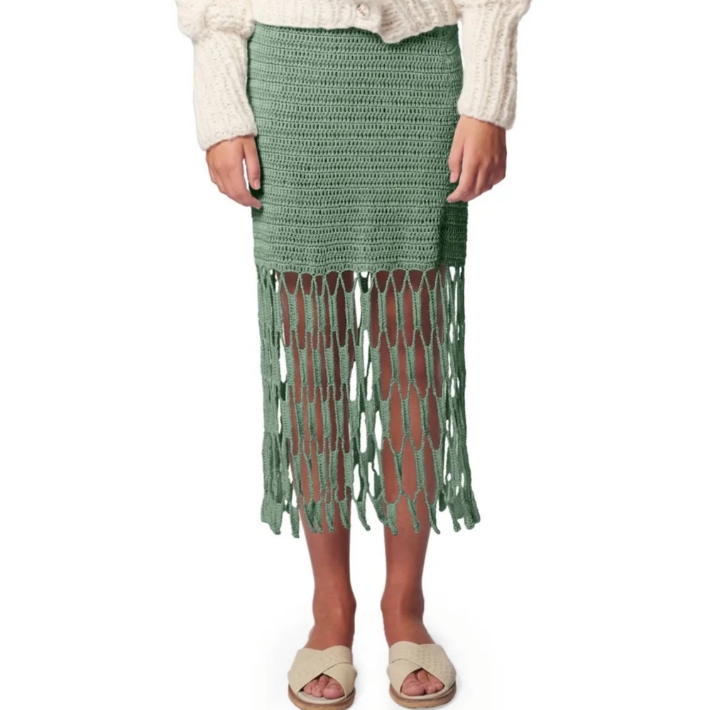 Green Crochet Midi Skirt with Fringe
